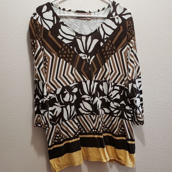 Chicos 3/4 length sleeve top. Brown, gold, black, white, size 3 chicos, … - Picture 1 of 5